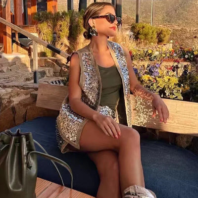 Women Sequined Vest & Skirt Set | Elara